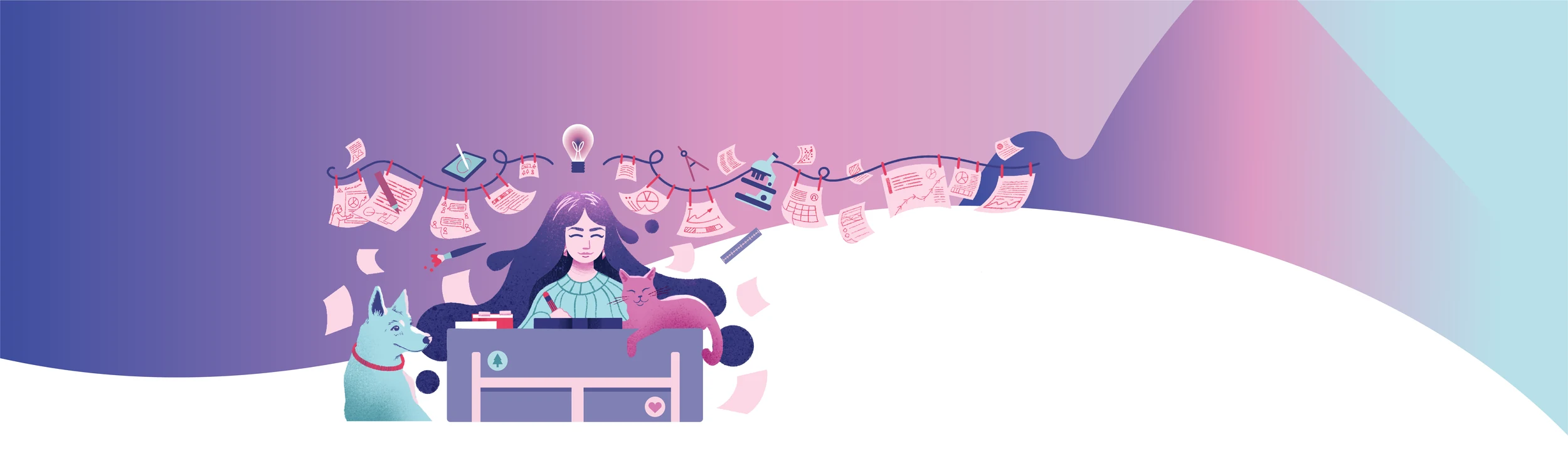 An illustration of a person at a desk with a dog and a cat, surrounded by sketches and ideas strung up on a line.